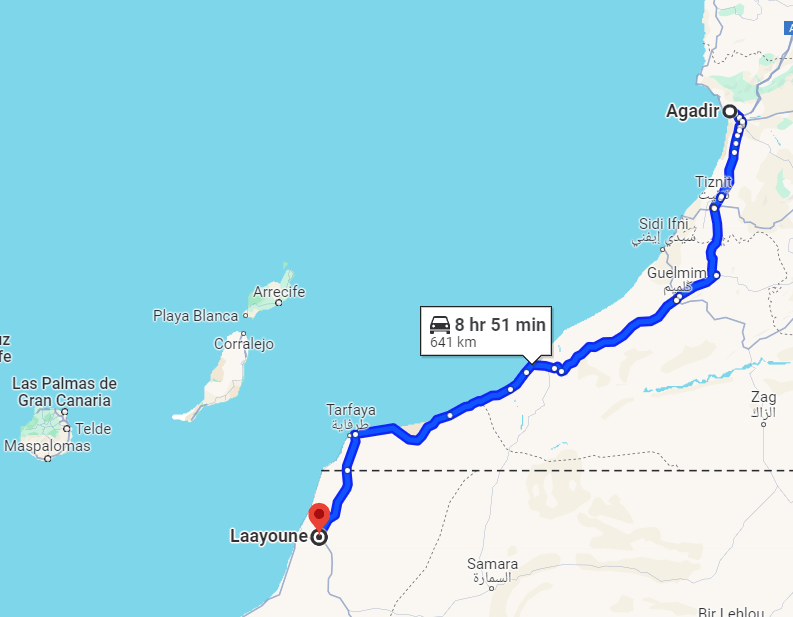 Road distance from Agadir to Laayoune. 