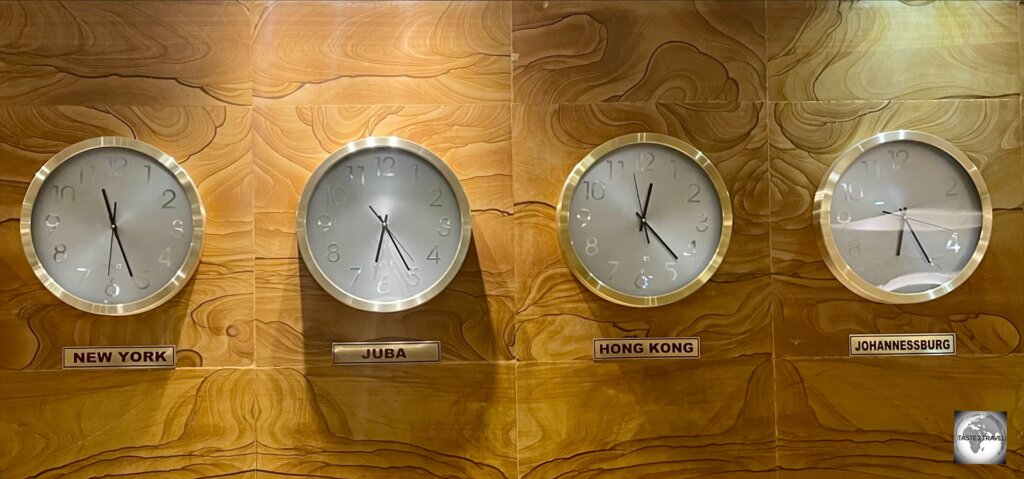 Clocks at the Royal Palace Hotel in Juba.