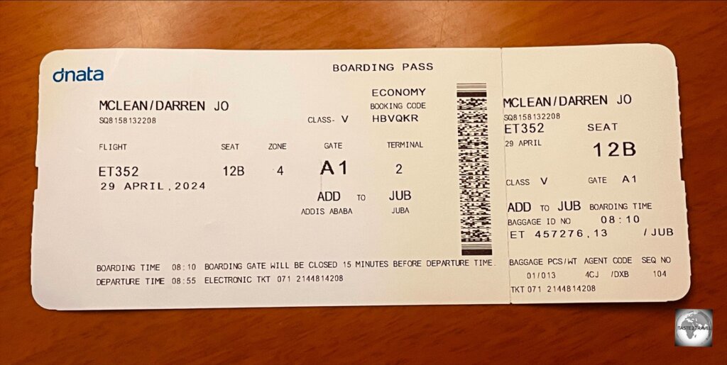 My boarding pass, from Addis Ababa to Juba with Ethiopian Airlines.