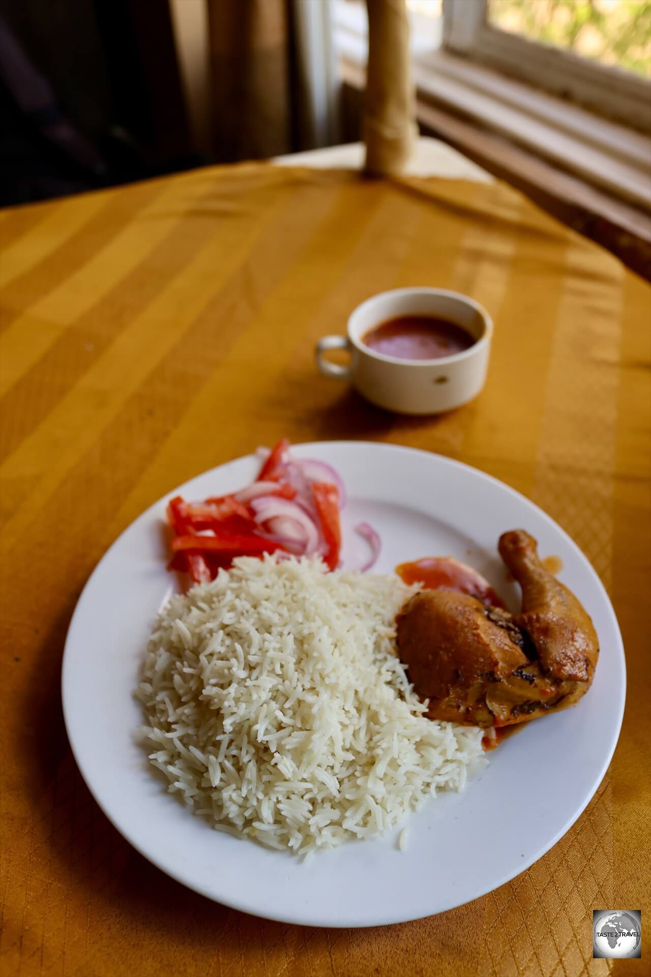 Chicken and rice for lunch at the Hotel Torit.