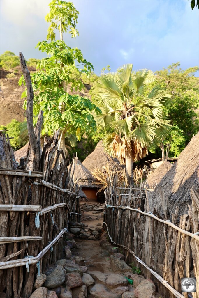 Laneways constructed from granite boulders and fences made from tree branches.