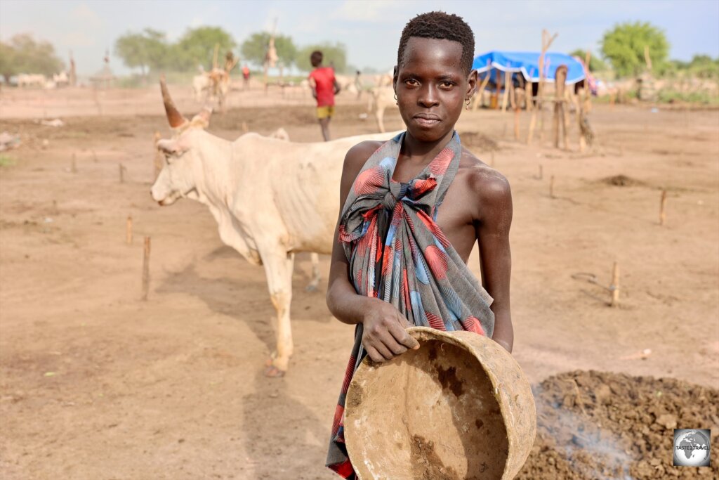 A young Mundari girl, collecting cow dung for the fire.