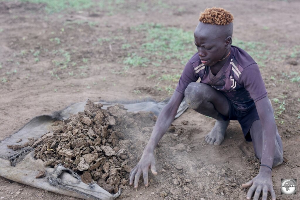 A young Mundari boy, with hair which has been treated with cow dung ash and washed with cow urine, collecting cow dung.