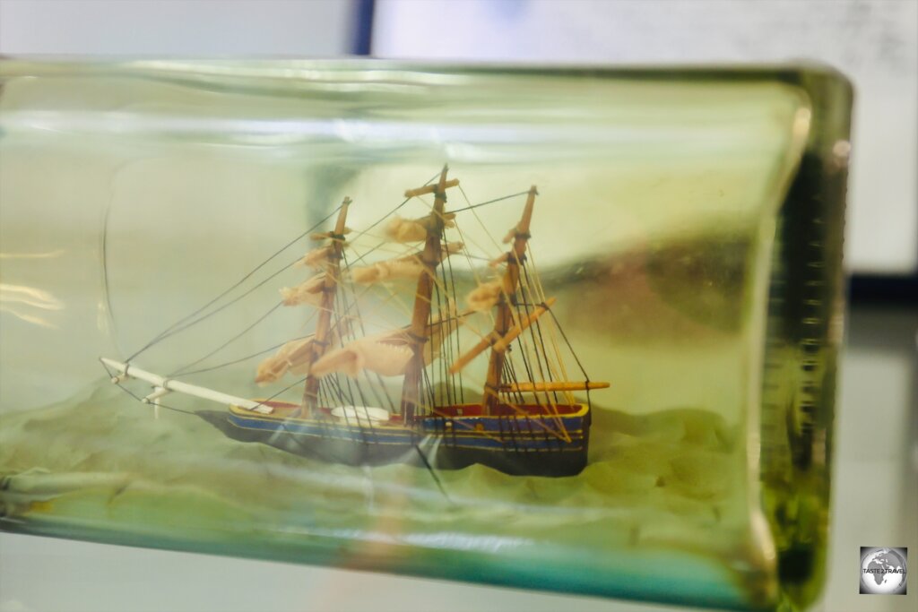 A model of the HMS Bounty, inside a bottle, at the Pitcairn museum.