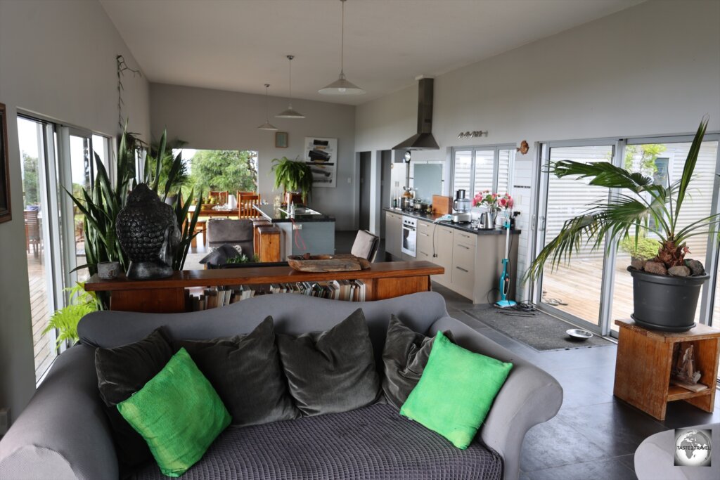 The modern and stylish living room at 'Big Flower'.