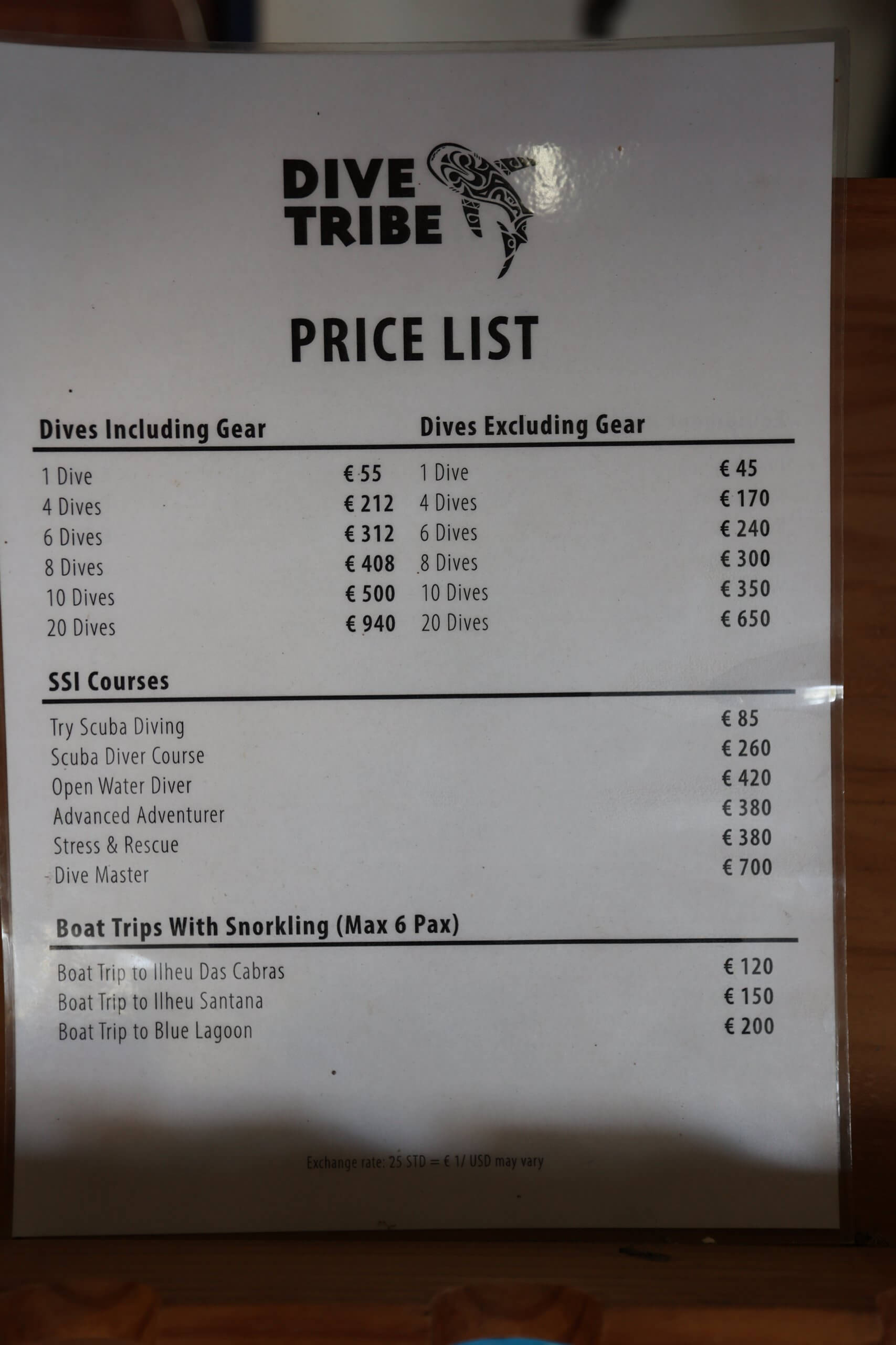 Scuba diving price list, at Dive Tribe in São Tomé.