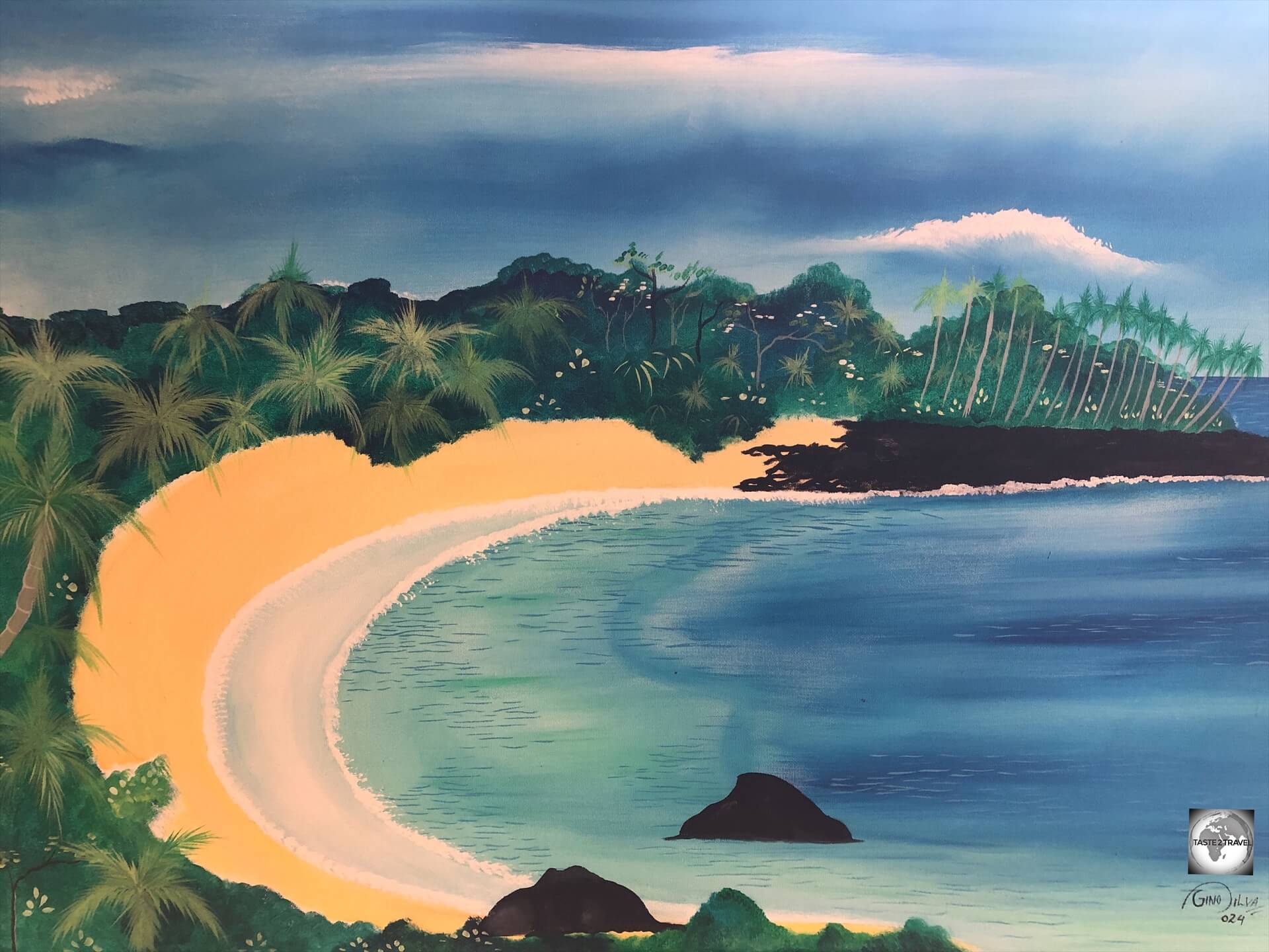 A painting, by a local Principe artist, depicts Praia das Bananas.