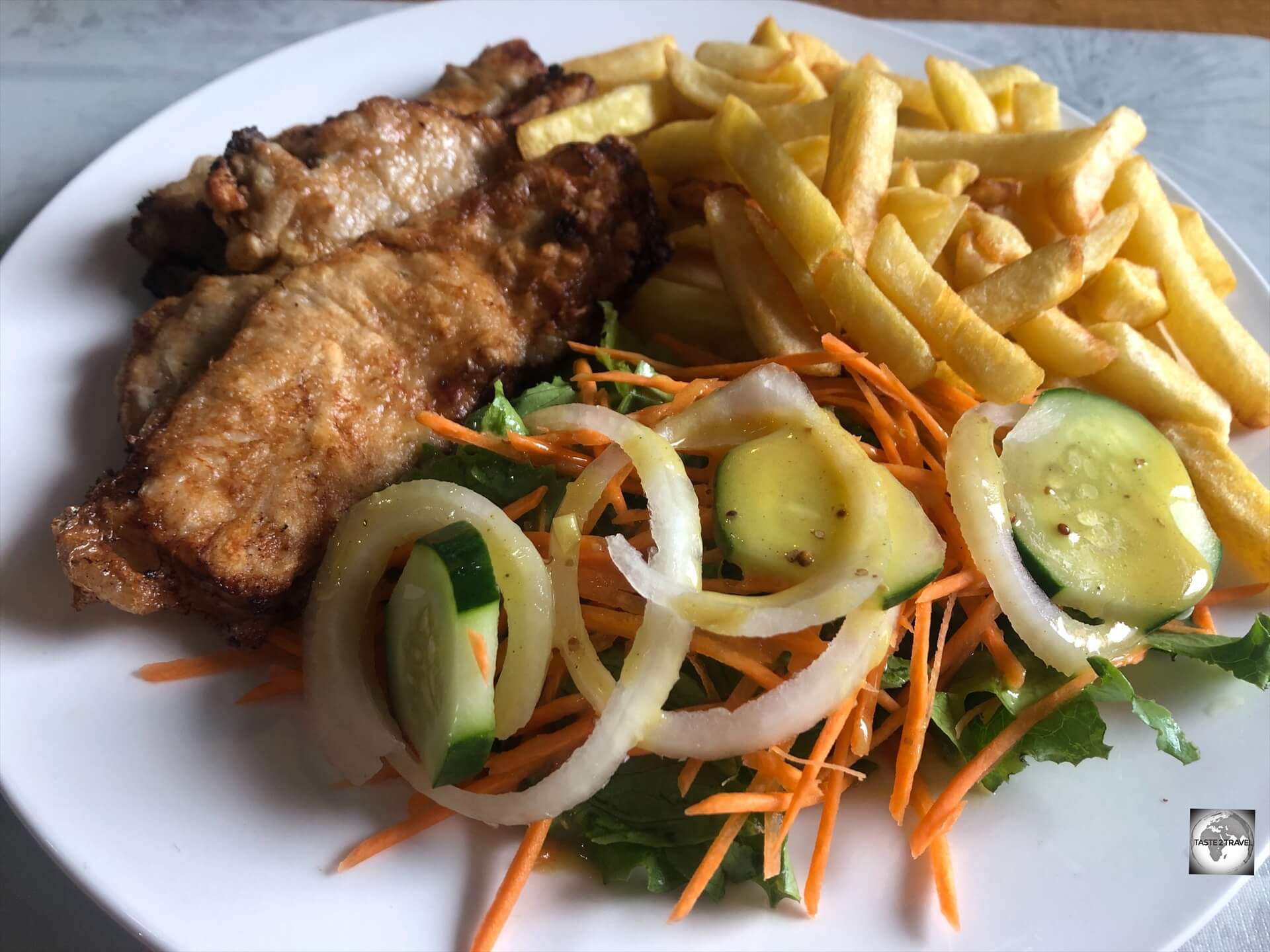 My lunchtime 'meal of the day' at Xico's Café - battered tuna, chips and salad. 